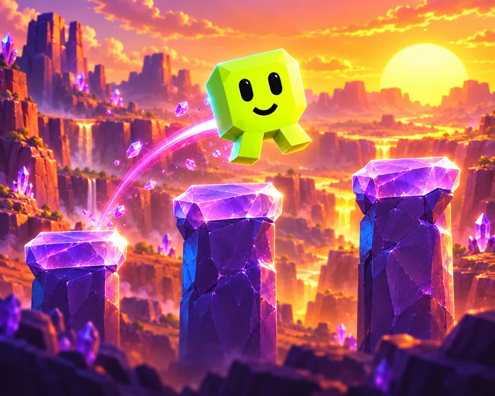 Original FLIP mascot leaping between crystal platforms