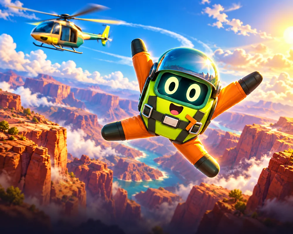FLIP game character jumping above a canyon